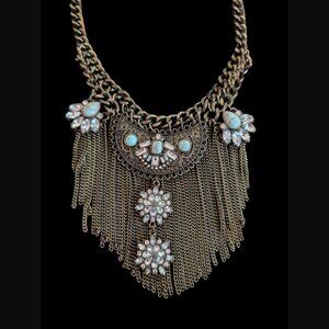 Lulu's Antique Gold Faux Turquoise Rhinestone Fringe Collar Retired Necklace 20"